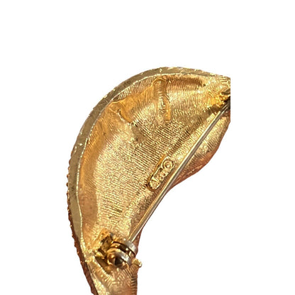 ART Signed Arthur Pepper Blue Red Rhinestone Leaf Brooch Gold Tone Pin