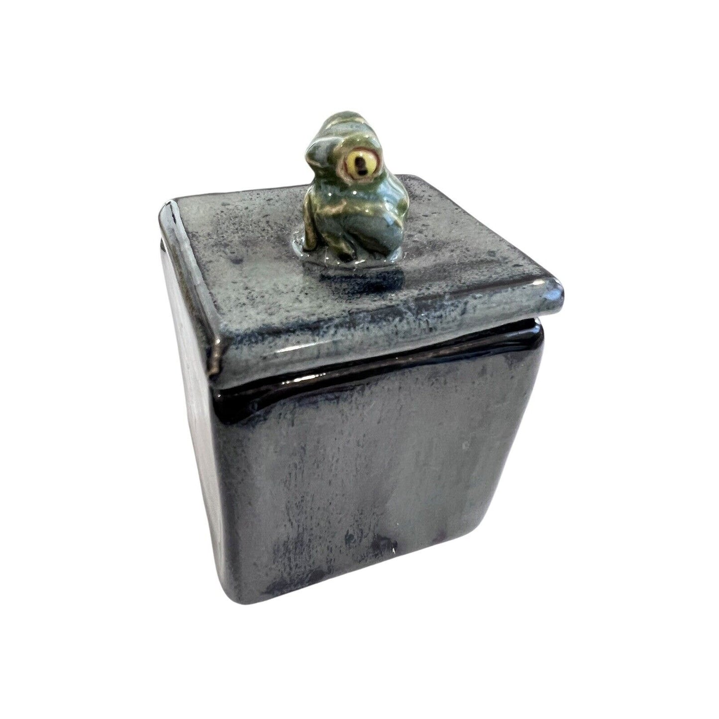 Art Studio Cube Shaped Pottery Trinket Box Glazed Frog Handmade Signed 2” X 2”