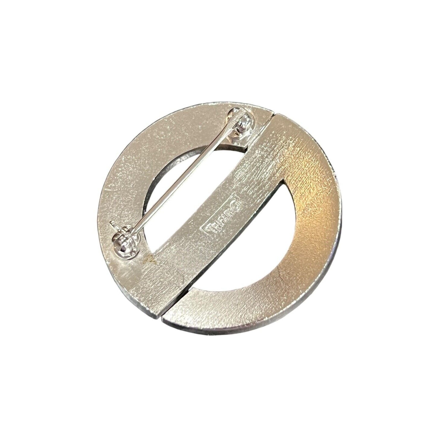 Vintage Trifari Brooch Circle Silver Tone Signed Shiny And Etched