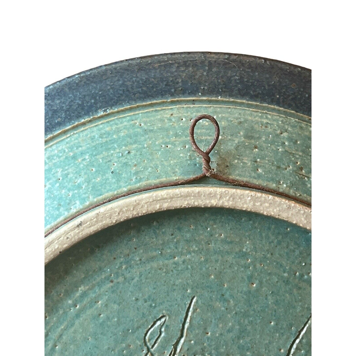 Signed Linda Sheard Pottery Blue Teal Plate Geometric Earth Glaze Handmade