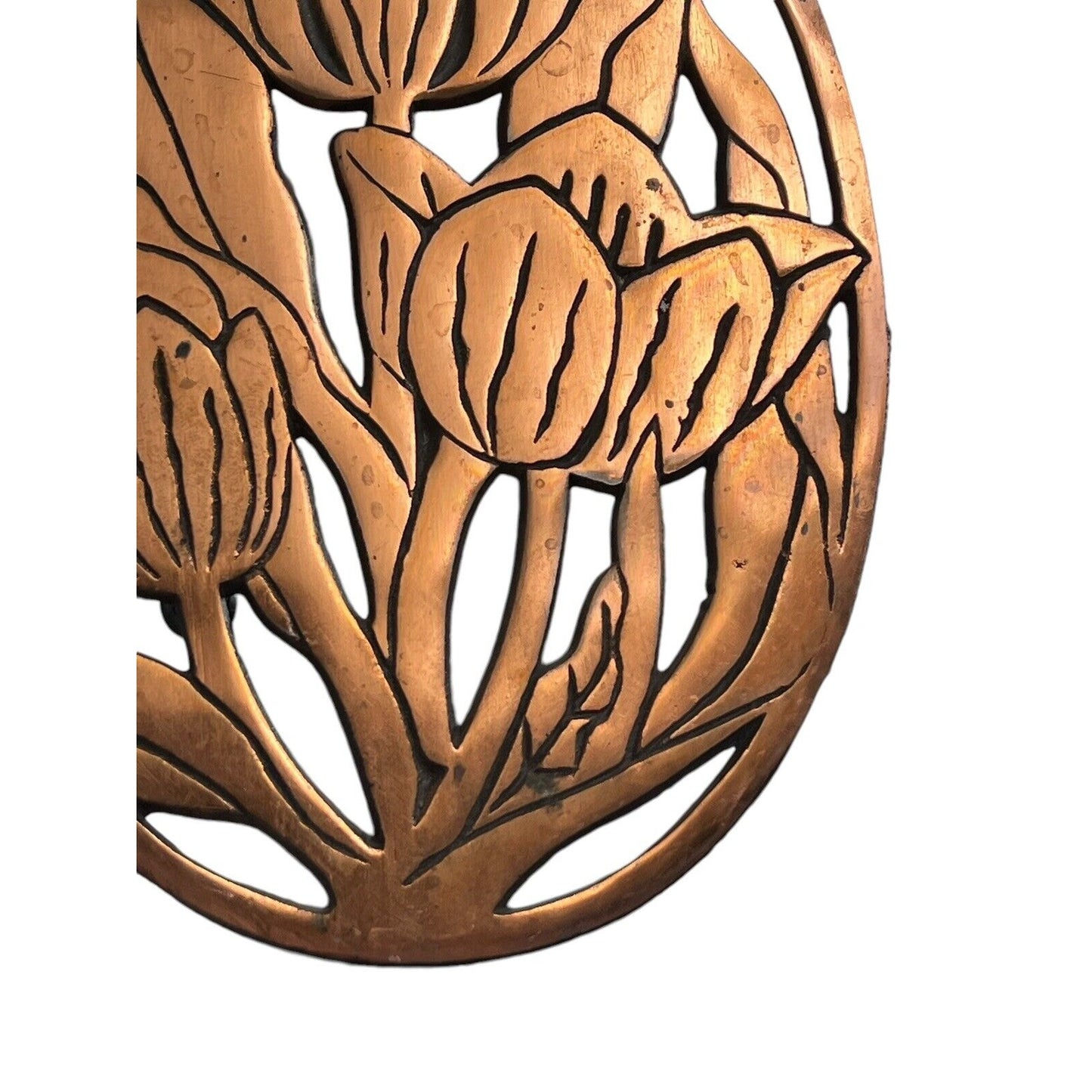 Vintage Cast Iron Copper Plated Trivet Wall Hanging Tulip Design Oval 1982