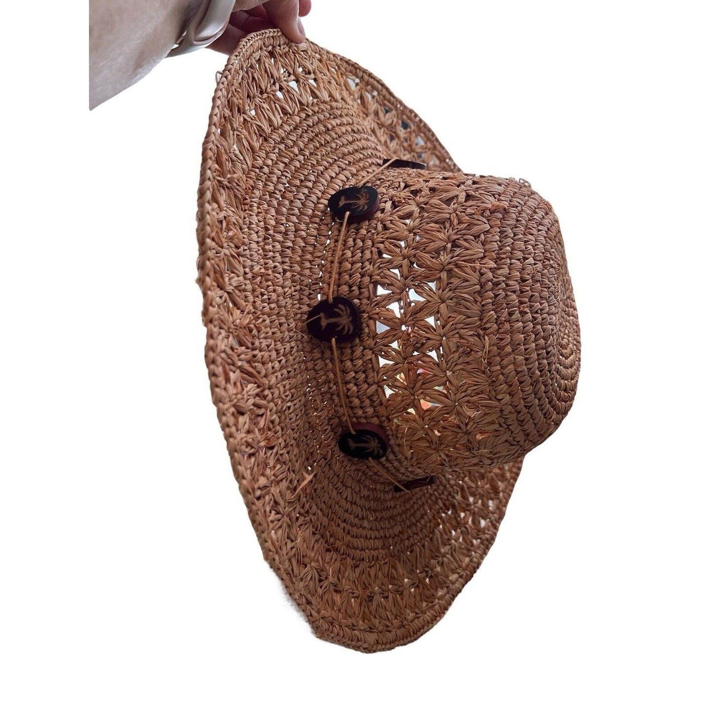 Women's Scala Crochet Straw Raffia 4" Brim Sun Floppy Hat Palmetto Tree Beads