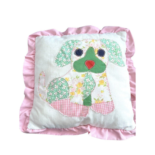 Vintage Cottagecore Handmade Puppy Pillow Pastel Gingham Floral Ruffles Baby