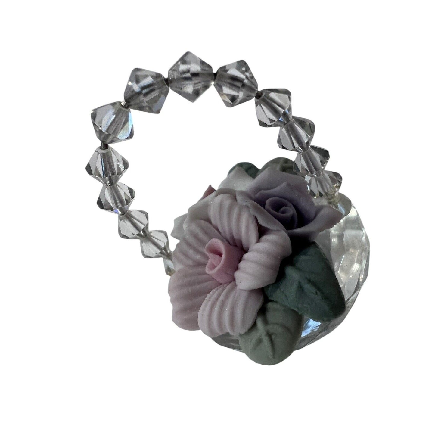 Miniature Crystal Basket Porcelain Roses Pink Purple Spring Easter