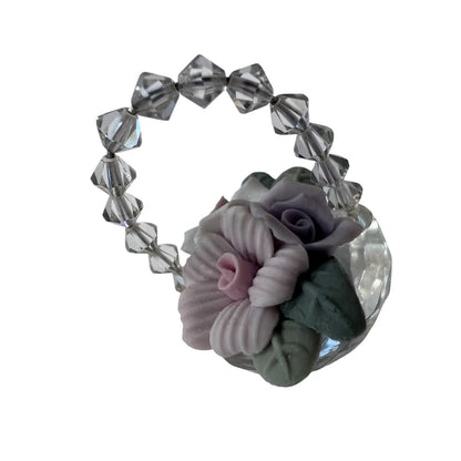 Miniature Crystal Basket Porcelain Roses Pink Purple Spring Easter