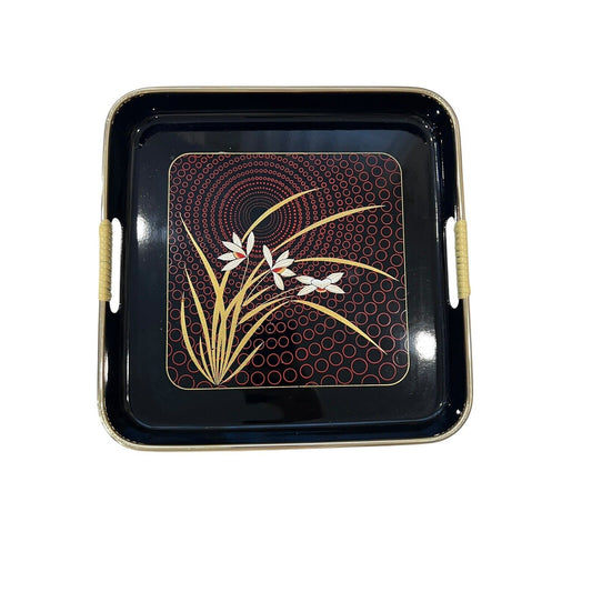 Japanese Black Lacquer Tray "Grand Iris" Gold Rim Wrapped Handles EUC Vintage