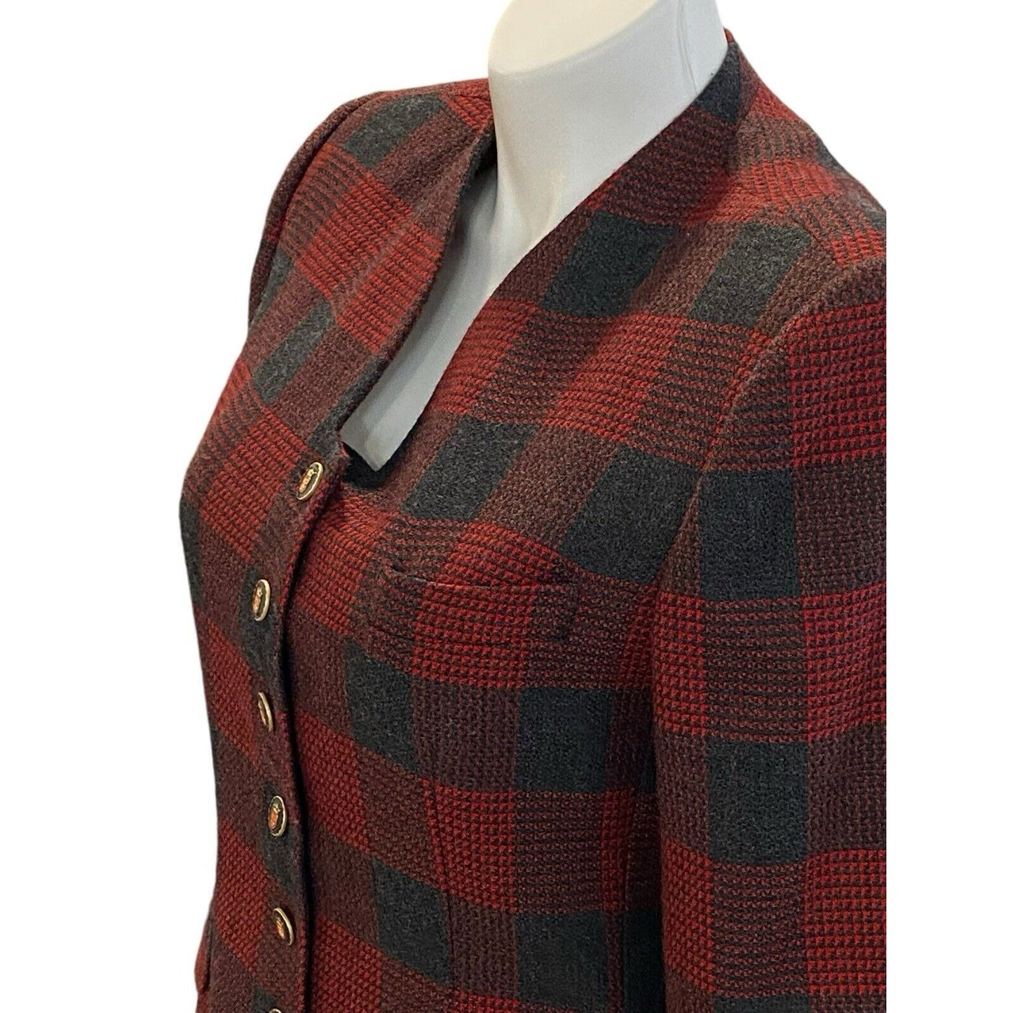 Size 12 John Meyer Of Norwich Blazer Red Gray Plaid Wool Blend Jacket VTG Enamel