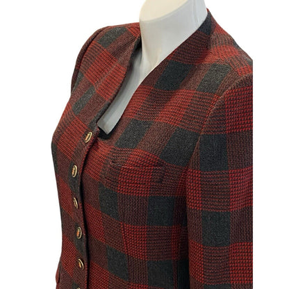 Size 12 John Meyer Of Norwich Blazer Red Gray Plaid Wool Blend Jacket VTG Enamel