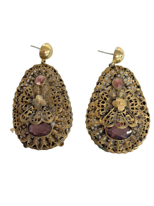 Vintage Ornate Filigree Brass Amethyst Color Earrings Oval Pierced Post 2 3/8" Drop Dangle