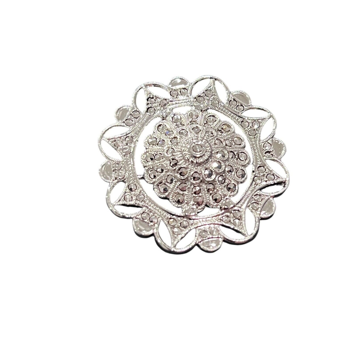 Sterling Silver Round Marcasite Flower Brooch Pin 1.25” Diameter