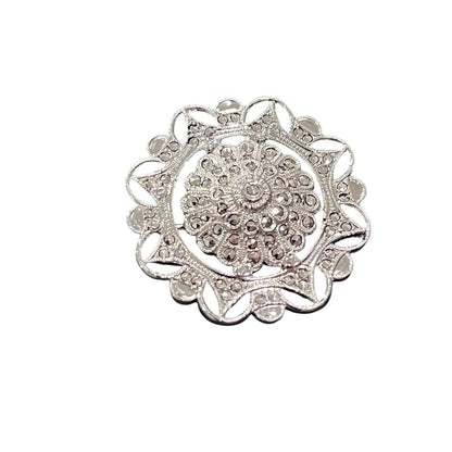 Sterling Silver Round Marcasite Flower Brooch Pin 1.25” Diameter