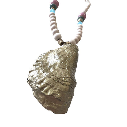 Painted Oyster Shell Pendant Necklace Wood Bead 30” Pastel Coastal Beach Preppy
