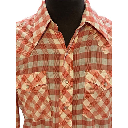 15 1/2. 33/34 Bronco Shirt Mens Red Checked Pearl Snap Western Thin 70s Vintage