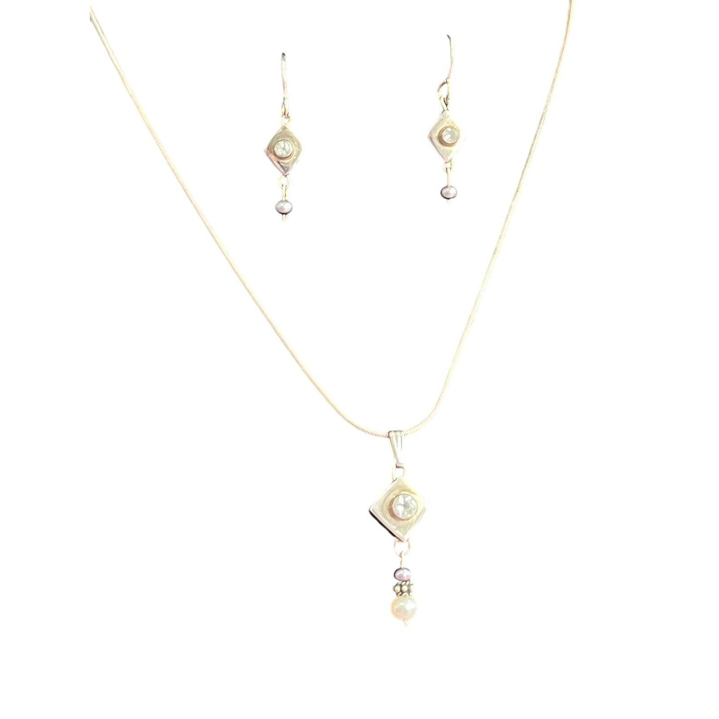 925 Sterling Silver CZ Pendant Necklace Dangle Earrings Set Faux Pearl