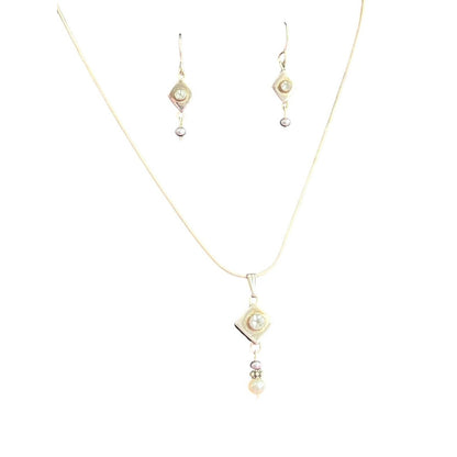 925 Sterling Silver CZ Pendant Necklace Dangle Earrings Set Faux Pearl