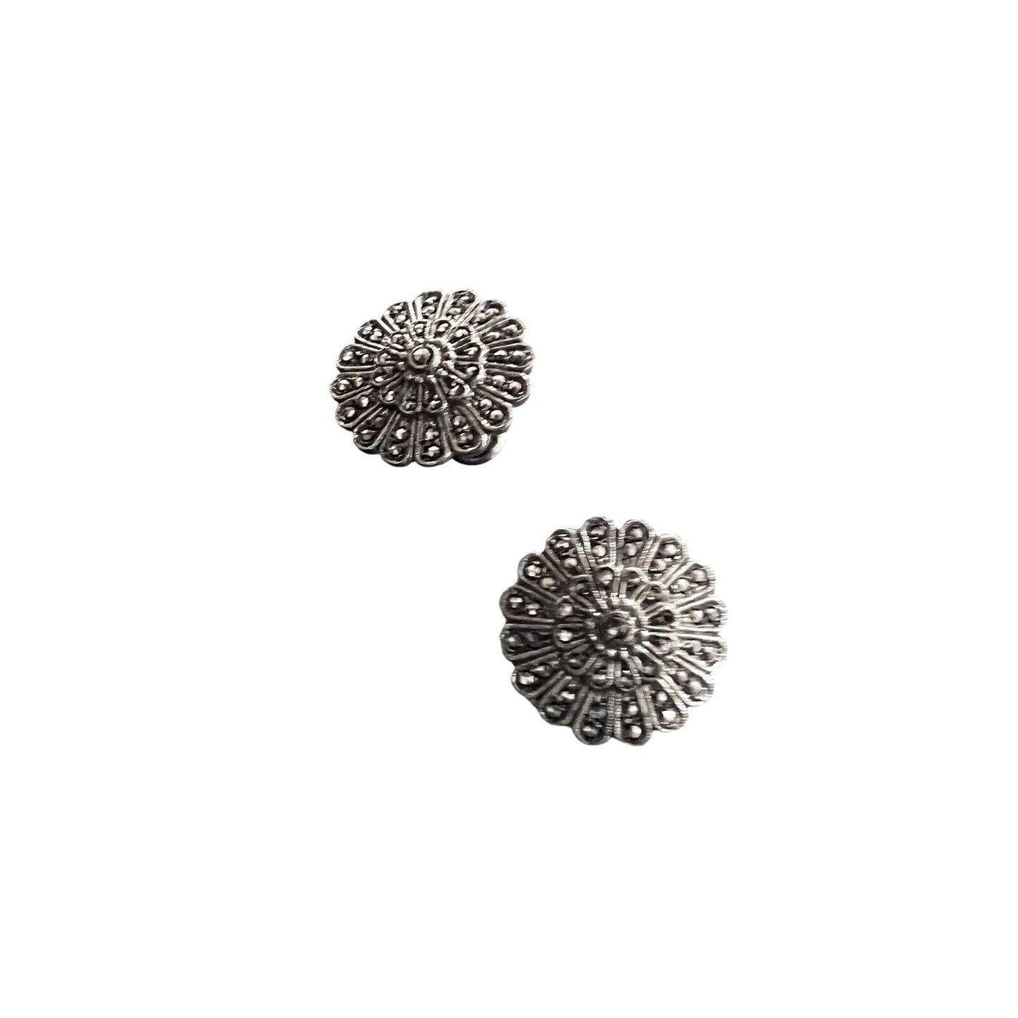 Sterling Silver Round Marcasite Flower Clip On Earrings 3/4”