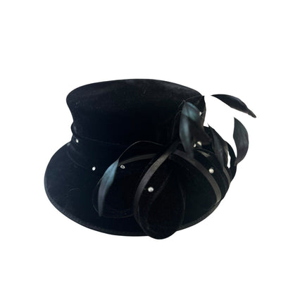 Swan Hat New York Ladies Black Velvet Rhinestone Bow Feathers Costume Regency