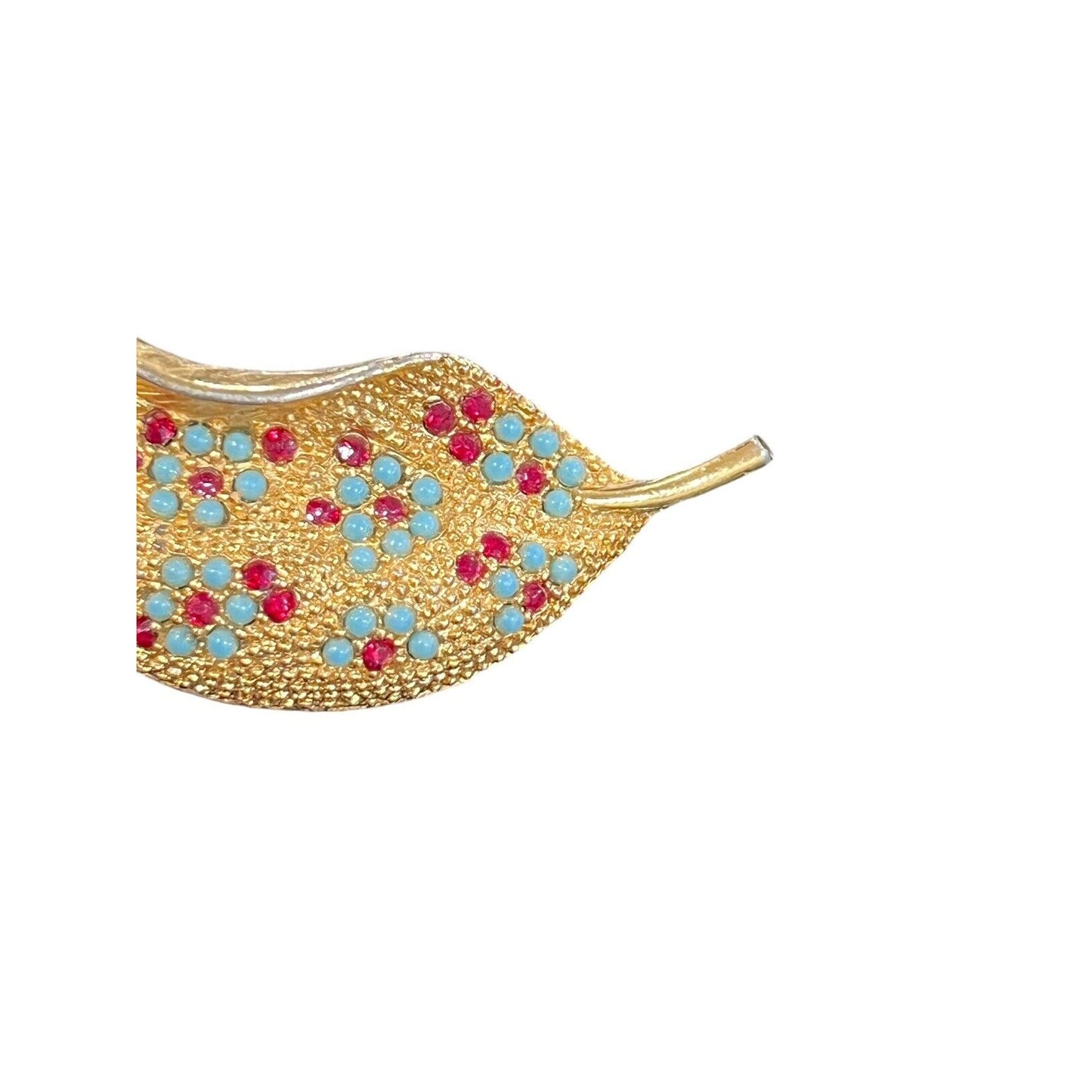 ART Signed Arthur Pepper Blue Red Rhinestone Leaf Brooch Gold Tone Pin