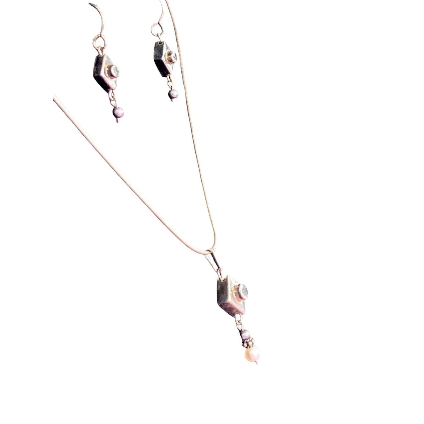 925 Sterling Silver CZ Pendant Necklace Dangle Earrings Set Faux Pearl