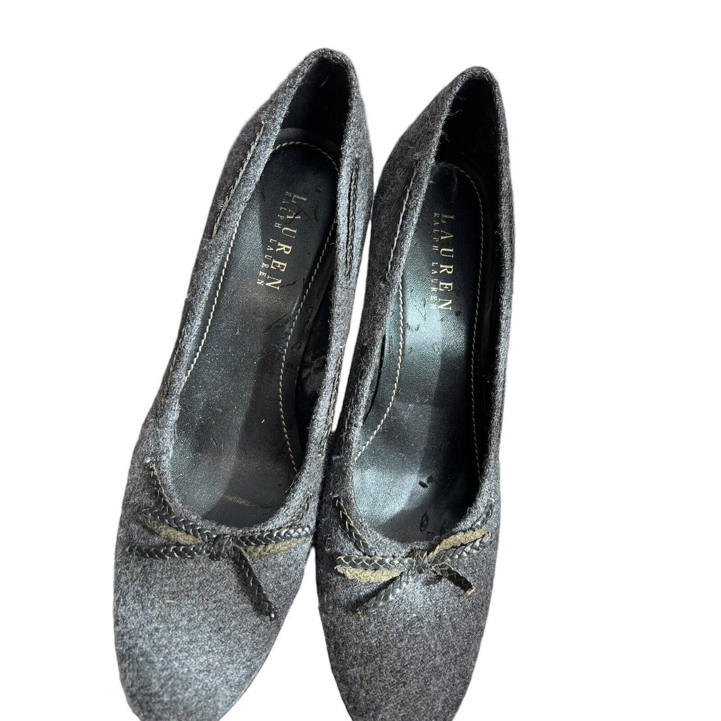 Size 7.5. Lauren Ralph Lauren Nina Gray Wool Pumps 3” Heel Bows Shoes Business