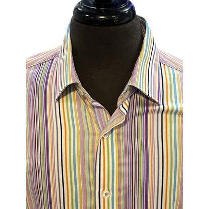 Size Medium BUGATCHI Classic Fit Multi Stripe LS Shirt Flip Cuff 100% Cotton