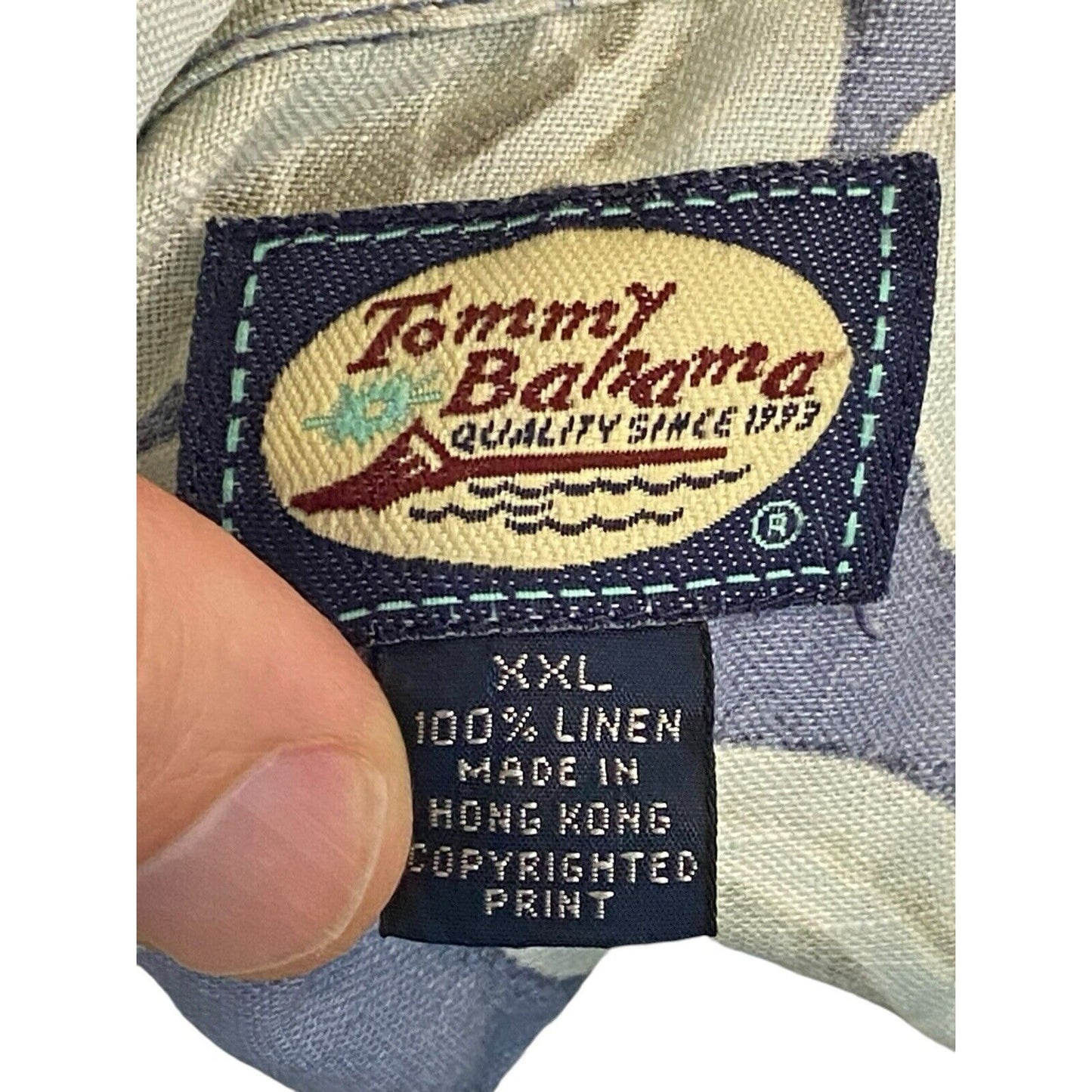 XXL Tommy Bahama Blue Linen Floral Hawaiian Shirt Wood Buttons Cruise