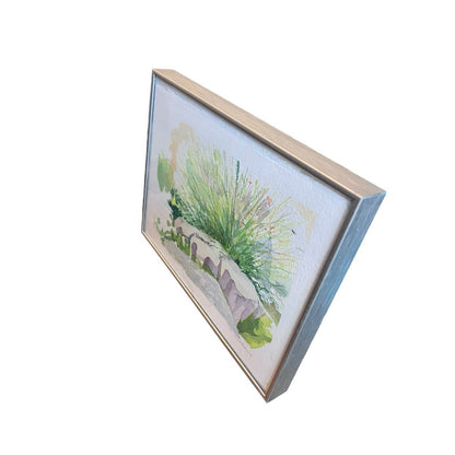 Signed Original Watercolor Painting Framed Zen Landscape Garden Rock Flowers