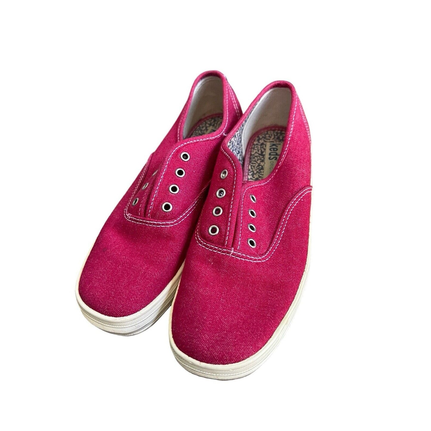 90s Vintage Keds Denim Sneakers Women 7.5 Retro Red Lace Up Shoes No Laces