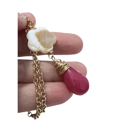 Goldtone Pendant Necklace Pink Teardrop Multi tone Flower Preppy