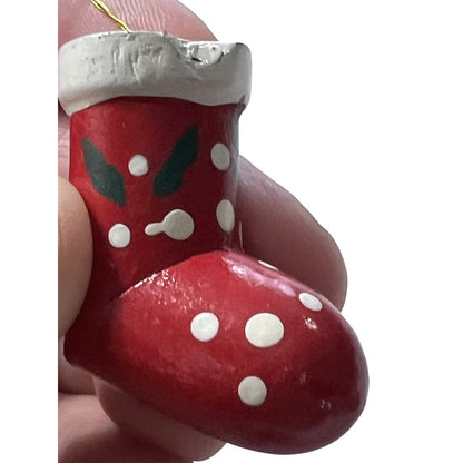 2 Vintage Hand Painted Wooden Christmas Ornaments Small Retro Bear Stocking