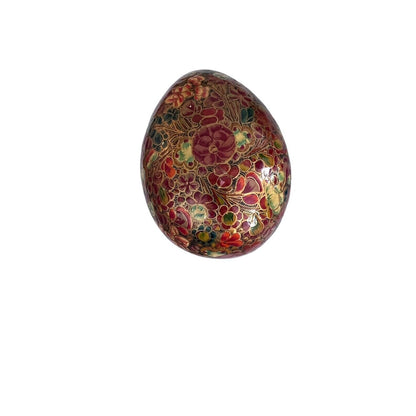 Floral Egg Kashmir India Boudoir Jewelry Ring Box Hand Painted Paper Mache Vtg