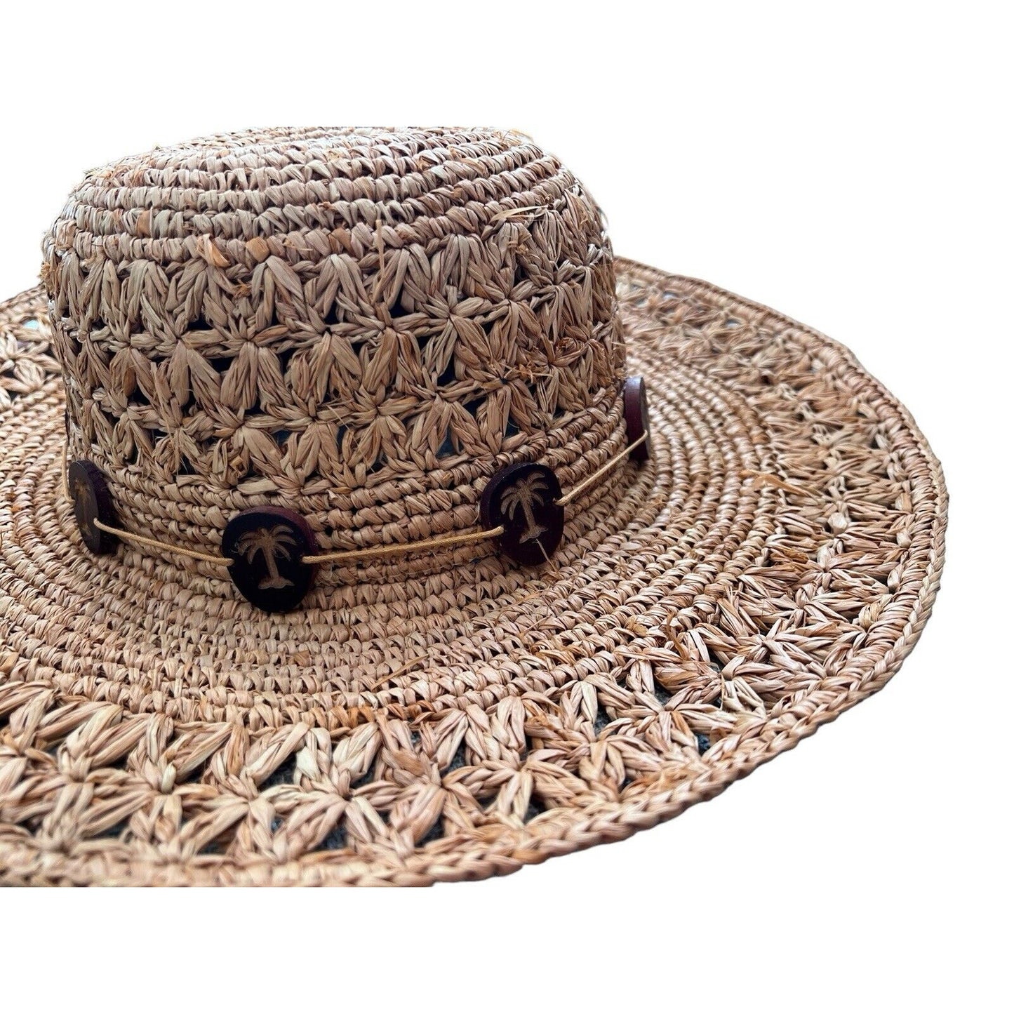 Women's Scala Crochet Straw Raffia 4" Brim Sun Floppy Hat Palmetto Tree Beads