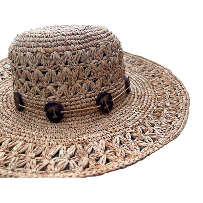 Women's Scala Crochet Straw Raffia 4" Brim Sun Floppy Hat Palmetto Tree Beads