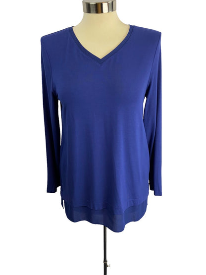 XS Petite Chico's Women's Long Sleeve V-Neck Soft Tunic Shirt Contrast Fabric Hem