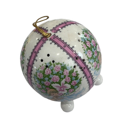 Vintage Ceramic Pomander Scent Ball Pink Angel Cherub Floral Hanging Ornament