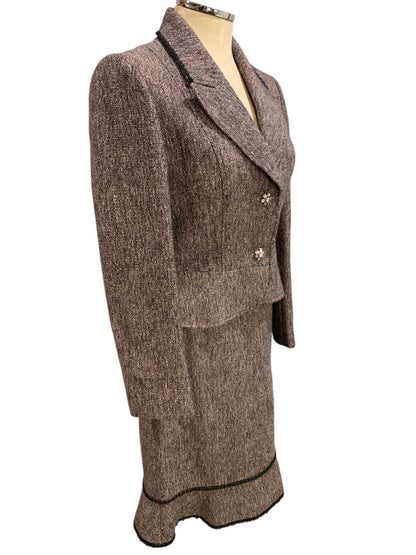 Size 6 Tahari Skirt Suit Jacket Tweed Lace Hem Black Pink Purple