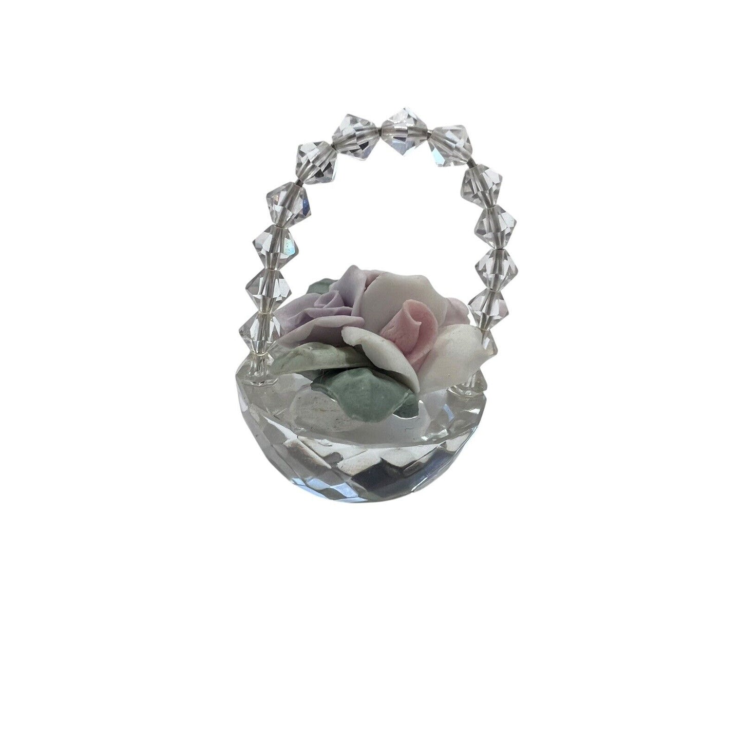 Miniature Crystal Basket Porcelain Roses Pink Purple Spring Easter