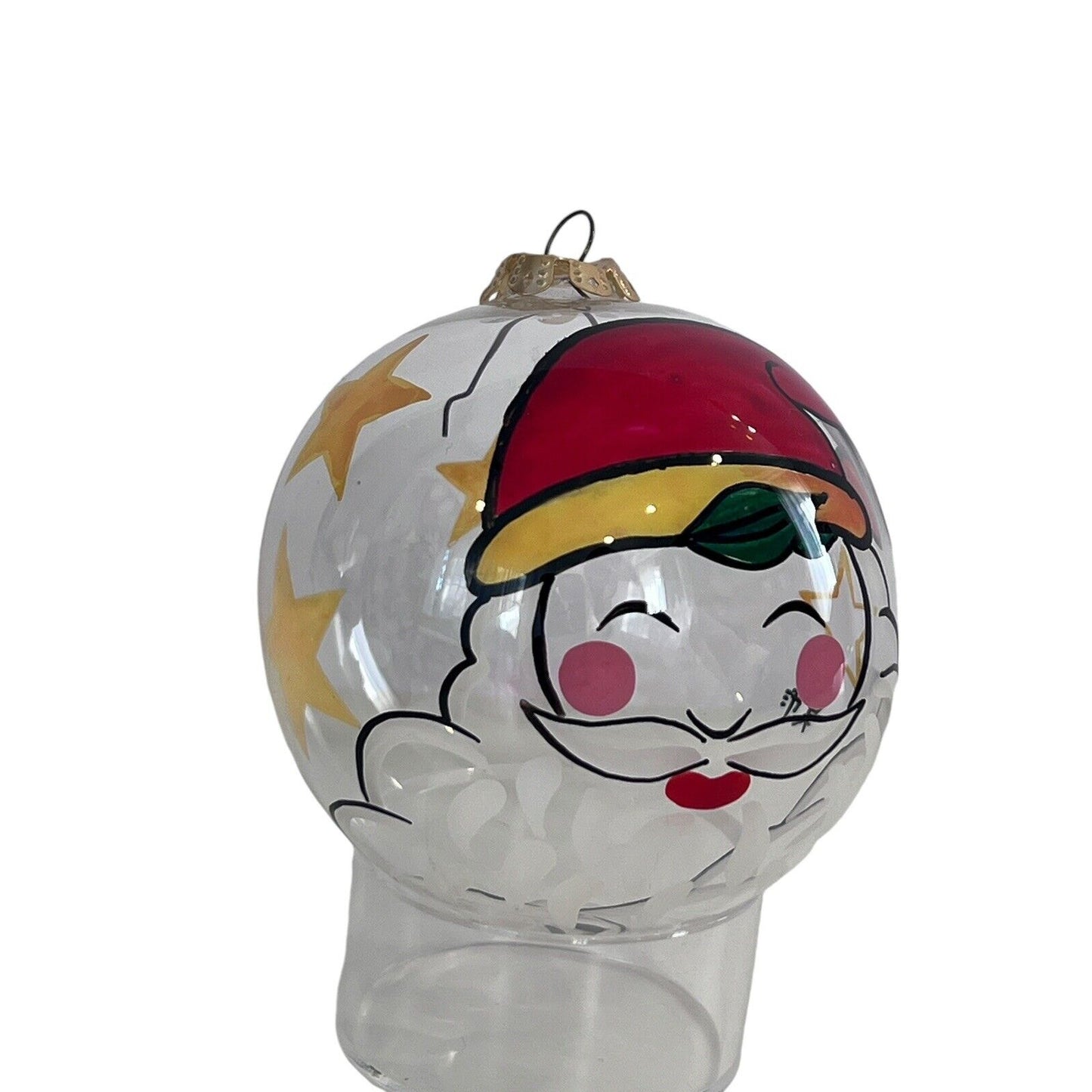 Handpainted Santa Claus Stars Ornament Christmas Holiday Clear Glass Ball Signed