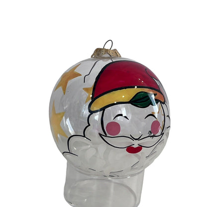 Handpainted Santa Claus Stars Ornament Christmas Holiday Clear Glass Ball Signed