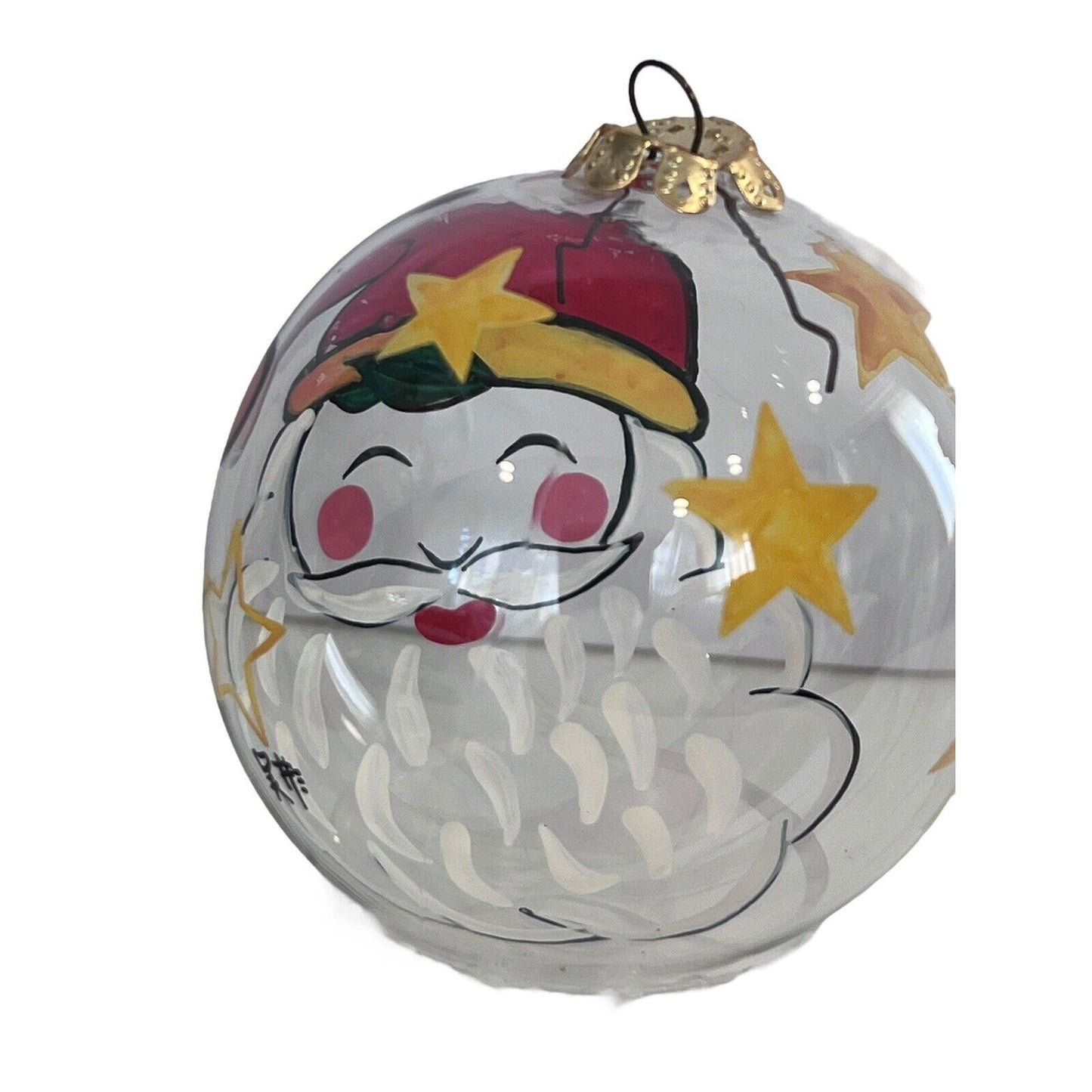 Handpainted Santa Claus Stars Ornament Christmas Holiday Clear Glass Ball Signed