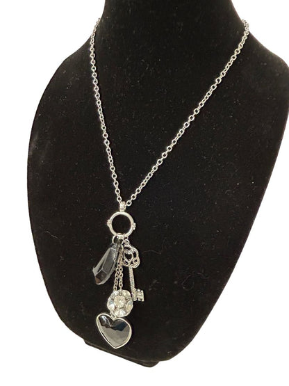 Silvertone Charm Necklace Black Charms Key Heart 28" Lobster Clasp