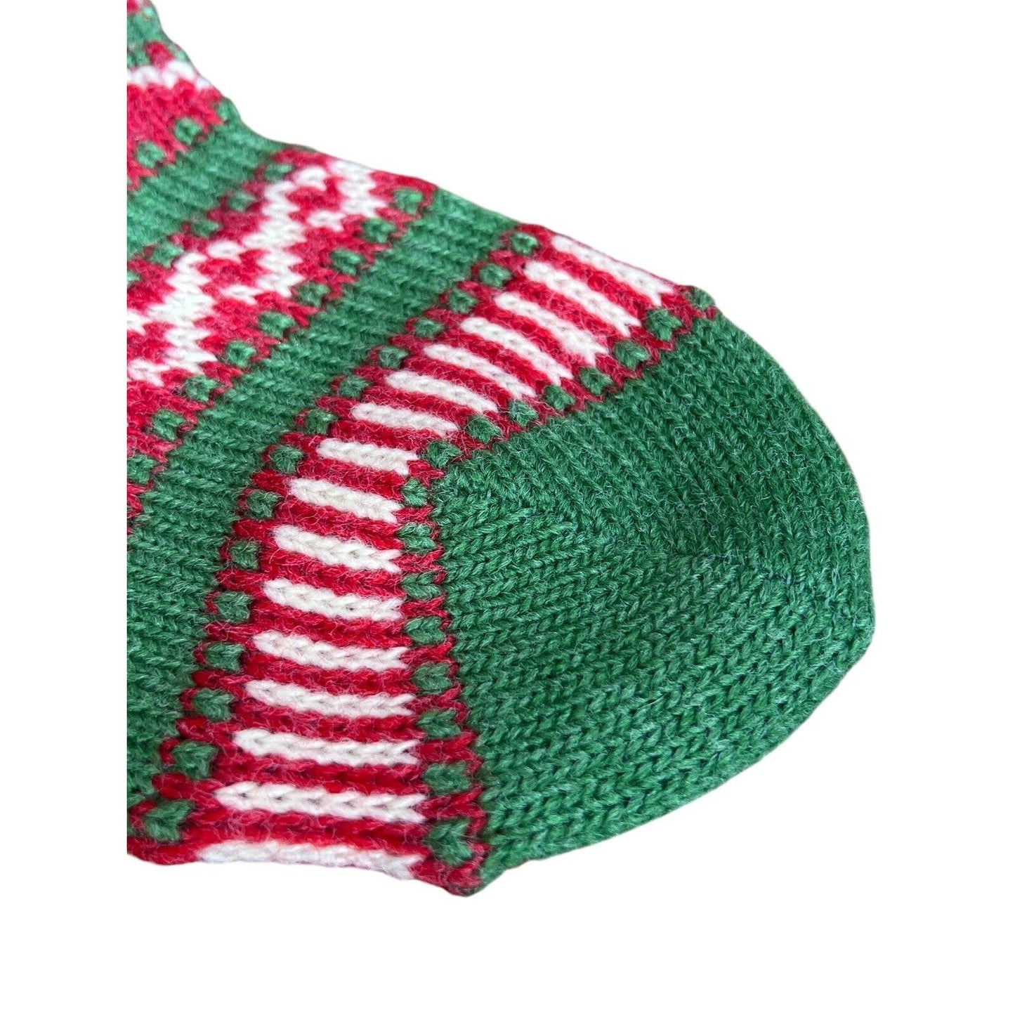 Vintage Nordic Christmas Stocking 19.5” Wool Knit Green Red Pom Poms EUC