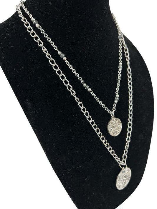 Layered Silvertone Medallion Necklace 20" Drop 14"