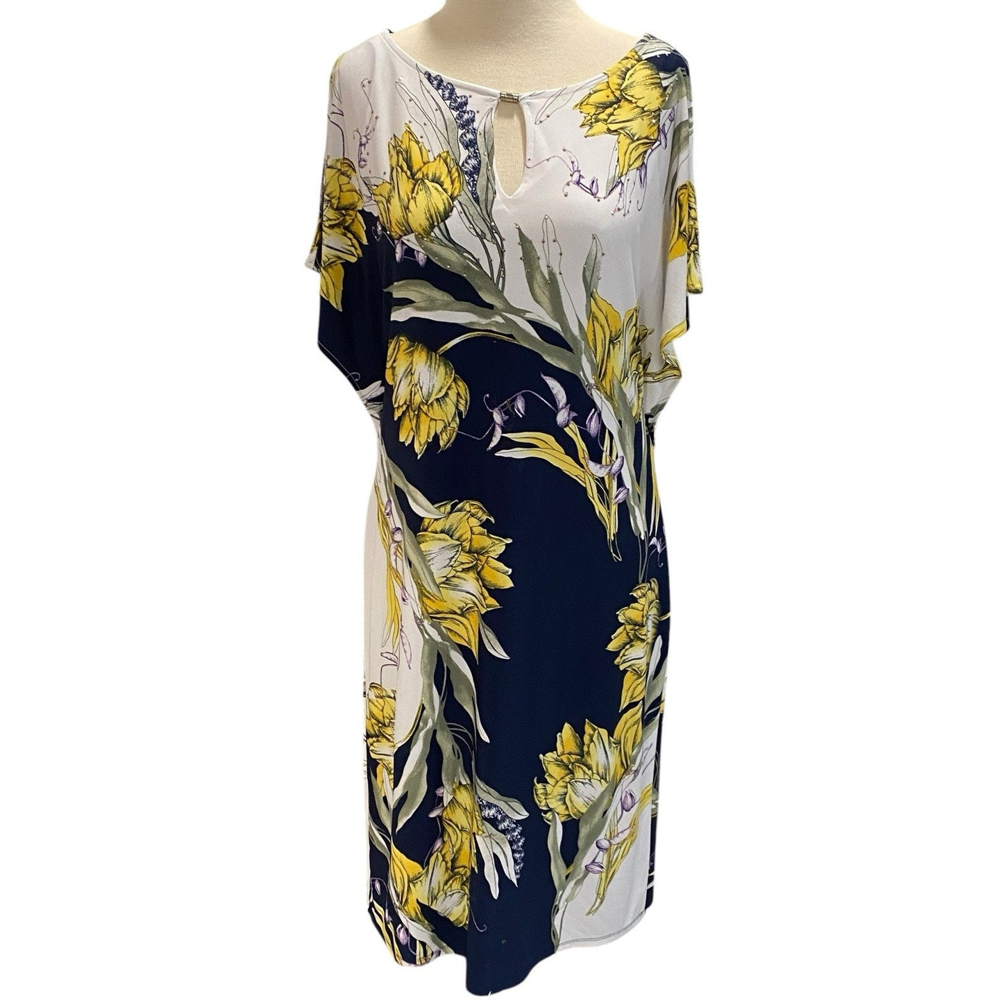 Size Small JM Collection Blue White Yellow Floral Studded Sheath Dress