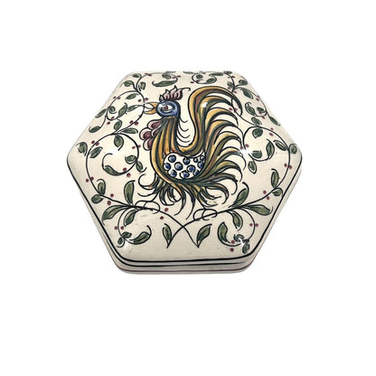 Vintage Portugal hand painted pottery signed Trinket Box Bird & Flowers Hexagon