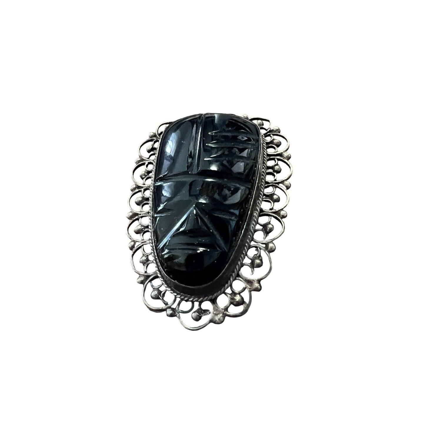 Large Vintage Mask Sterling Silver Carved Onyx Aztec Mayan Inca Face Mask Pin