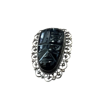 Large Vintage Mask Sterling Silver Carved Onyx Aztec Mayan Inca Face Mask Pin