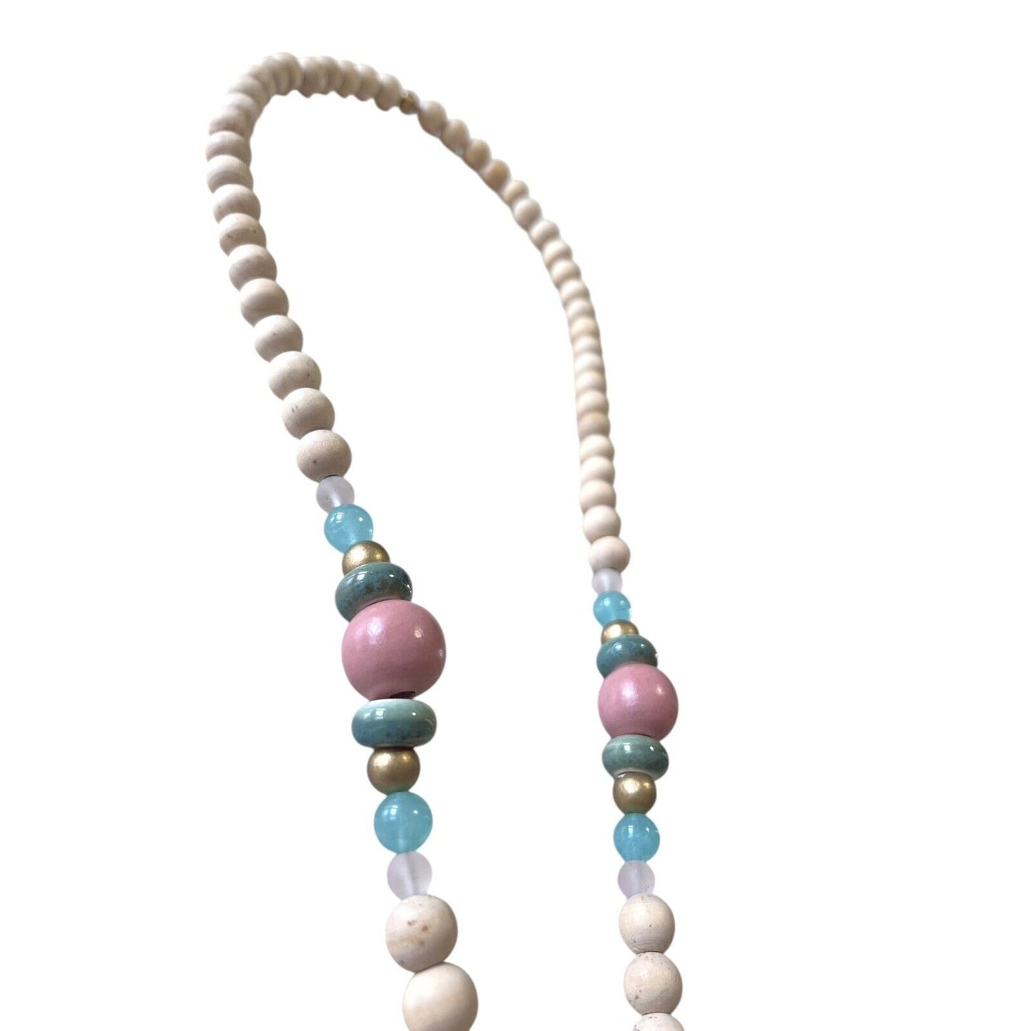 Painted Oyster Shell Pendant Necklace Wood Bead 30” Pastel Coastal Beach Preppy