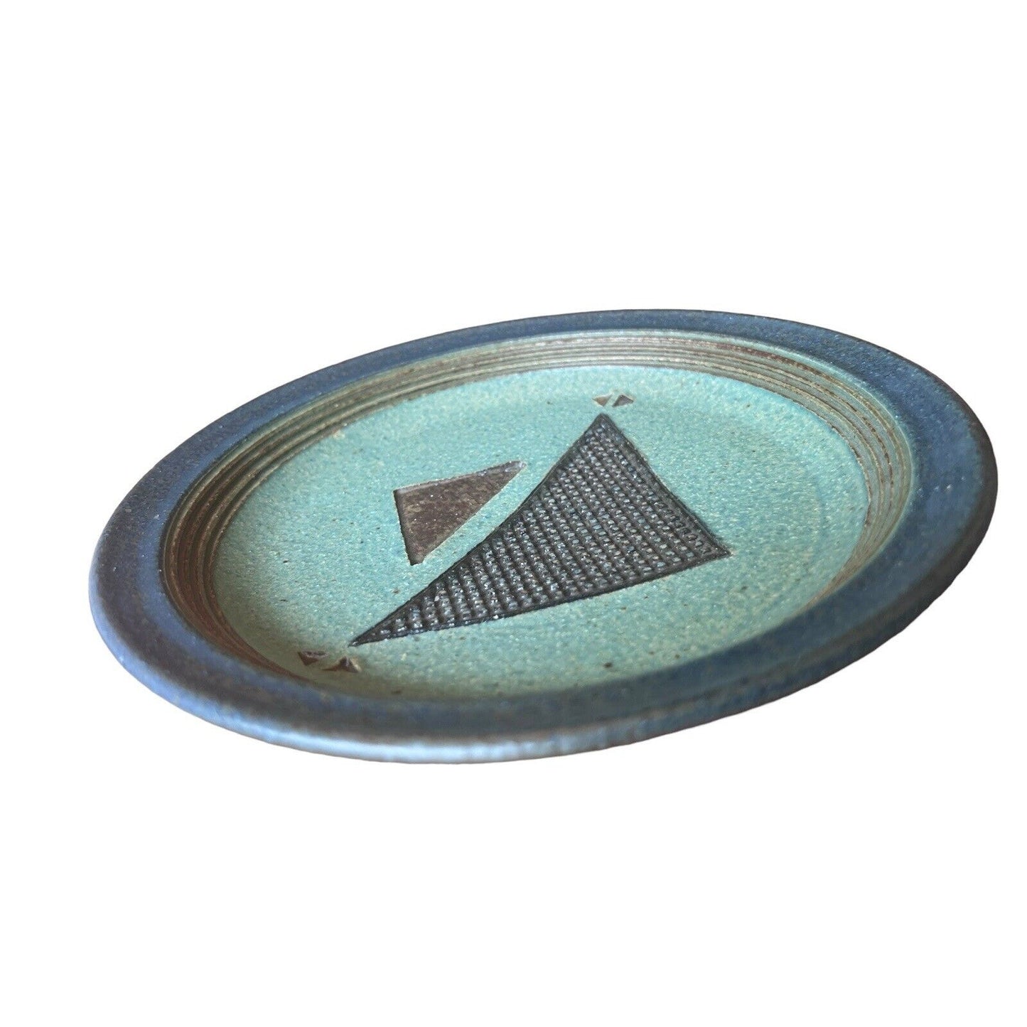 Signed Linda Sheard Pottery Blue Teal Plate Geometric Earth Glaze Handmade
