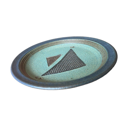 Signed Linda Sheard Pottery Blue Teal Plate Geometric Earth Glaze Handmade